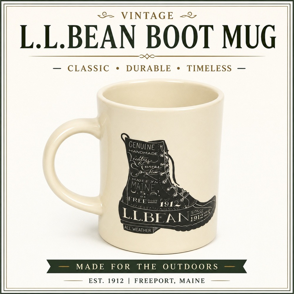 LL Bean Coffee Mug Cream Ceramic Bean Boot Graphic Heritage Logo Stoneware Cup